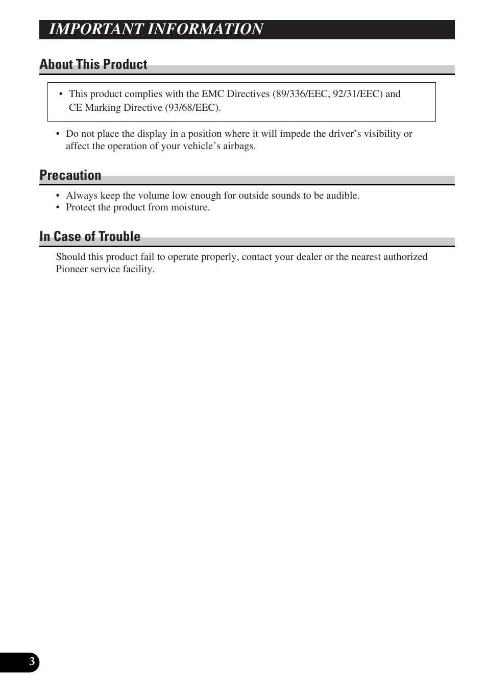 Important information, About this product precaution in case of trouble, About this product | Precaution | Pioneer AVD-W6000 User Manual | Page 4 / 112