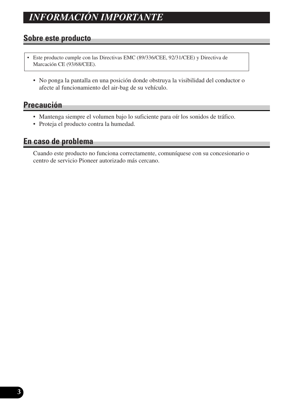 Información importante, Sobre este producto precaución en caso de problema, Sobre este producto | Precaución, En caso de problema | Pioneer AVD-W6000 User Manual | Page 40 / 112