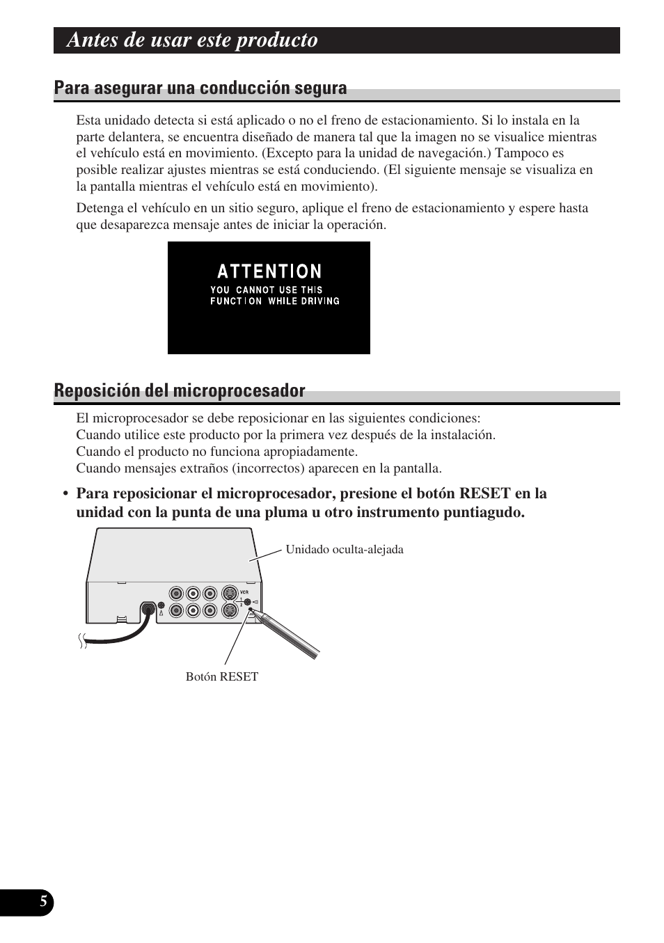 Antes de usar este producto, Para asegurar una conducción segura, Reposición del microprocesador | Pioneer AVD-W6000 User Manual | Page 42 / 112