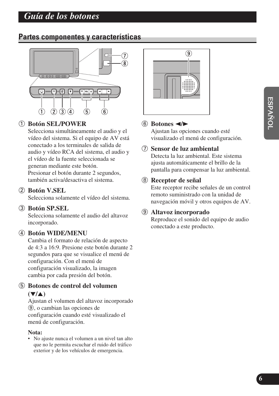 Guía de los botones, Partes componentes y características | Pioneer AVD-W6000 User Manual | Page 43 / 112