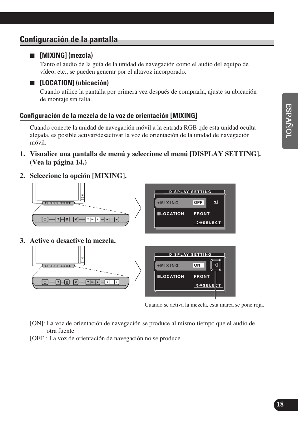 Configuración de la pantalla, 7 [mixing] (mezcla), 7 [location] (ubicación) | Pioneer AVD-W6000 User Manual | Page 55 / 112