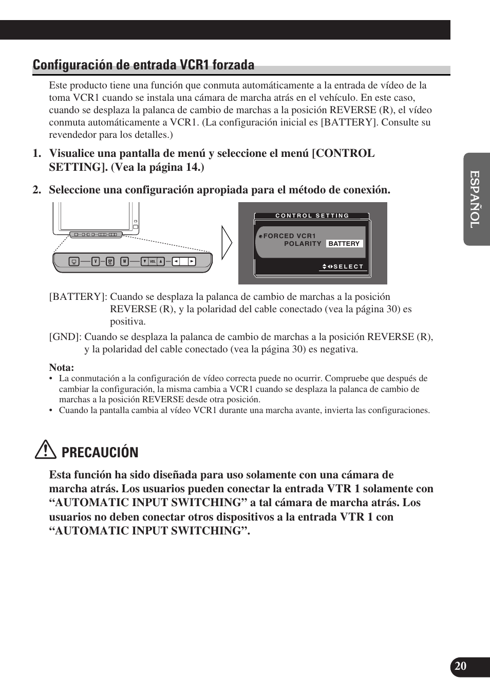 Configuración de entrada vcr1 forzada, Precaución | Pioneer AVD-W6000 User Manual | Page 57 / 112