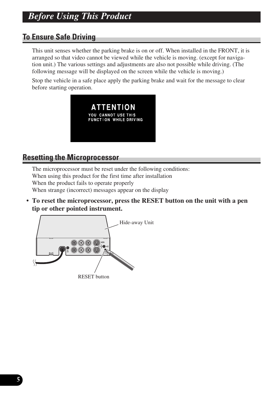 Before using this product, Resetting the microprocessor | Pioneer AVD-W6000 User Manual | Page 6 / 112