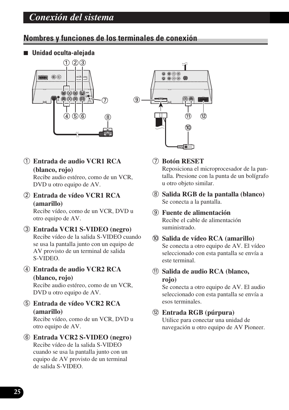 Nombres y funciones de los terminales de, Conexión, Conexión del sistema | Nombres y funciones de los terminales de conexión | Pioneer AVD-W6000 User Manual | Page 62 / 112