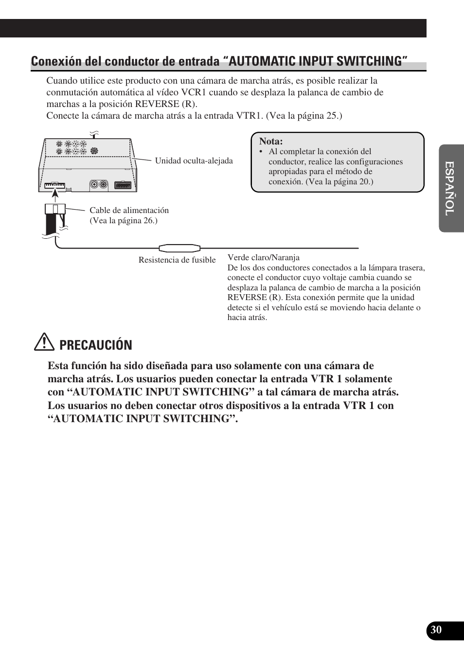 Conexión del conductor de entrada, Automatic input switching, Precaución | Pioneer AVD-W6000 User Manual | Page 67 / 112