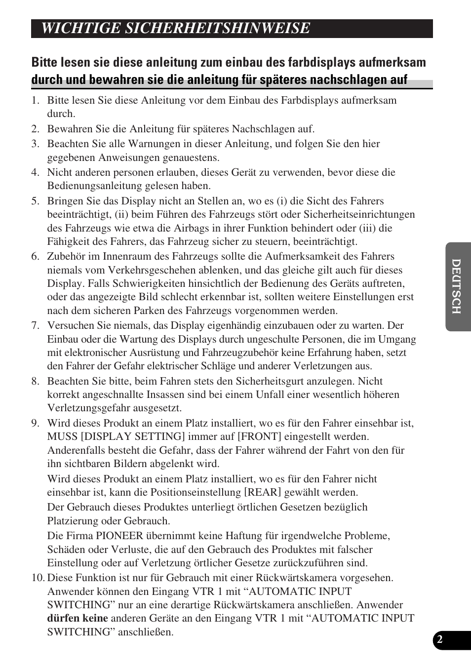 Wichtige sicherheitshinweise, Bitte lesen sie diese anleitung zum einbau des | Pioneer AVD-W6000 User Manual | Page 75 / 112