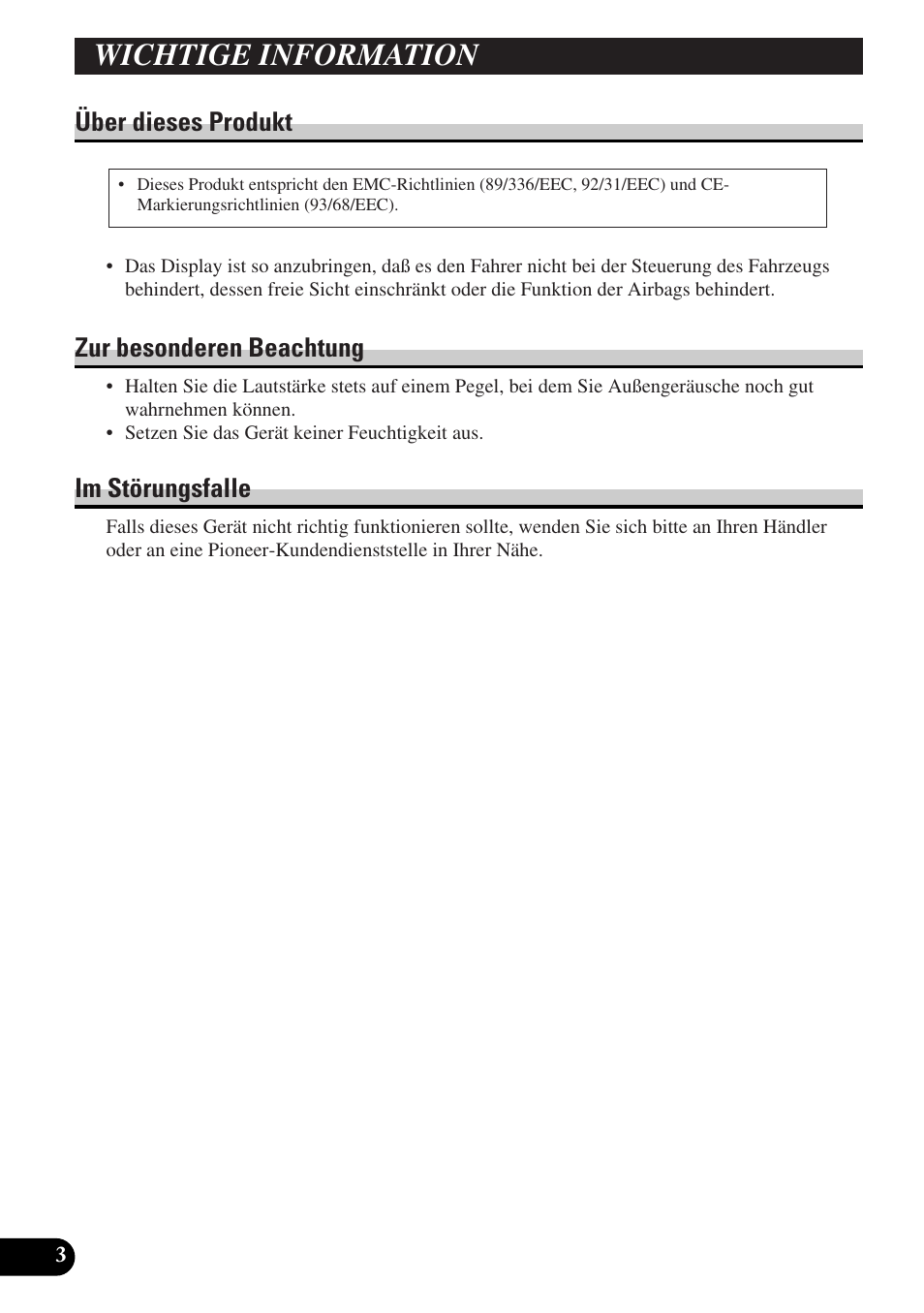 Wichtige information, Über dieses produkt, Zur besonderen beachtung | Im störungsfalle | Pioneer AVD-W6000 User Manual | Page 76 / 112