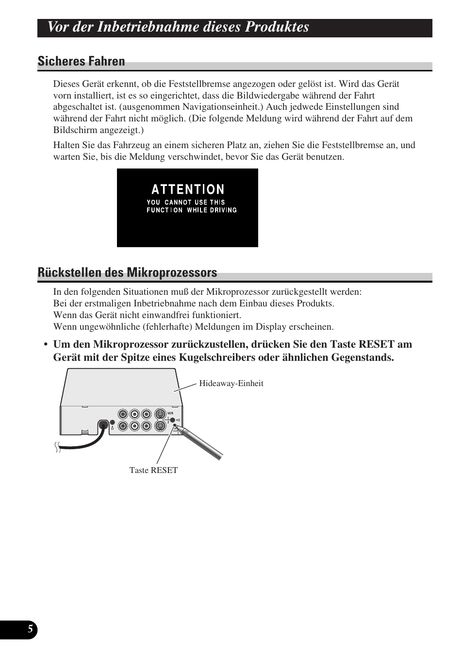 Sicheres fahren rückstellen des mikroprozessors, Vor der inbetriebnahme dieses produktes, Sicheres fahren | Rückstellen des mikroprozessors | Pioneer AVD-W6000 User Manual | Page 78 / 112