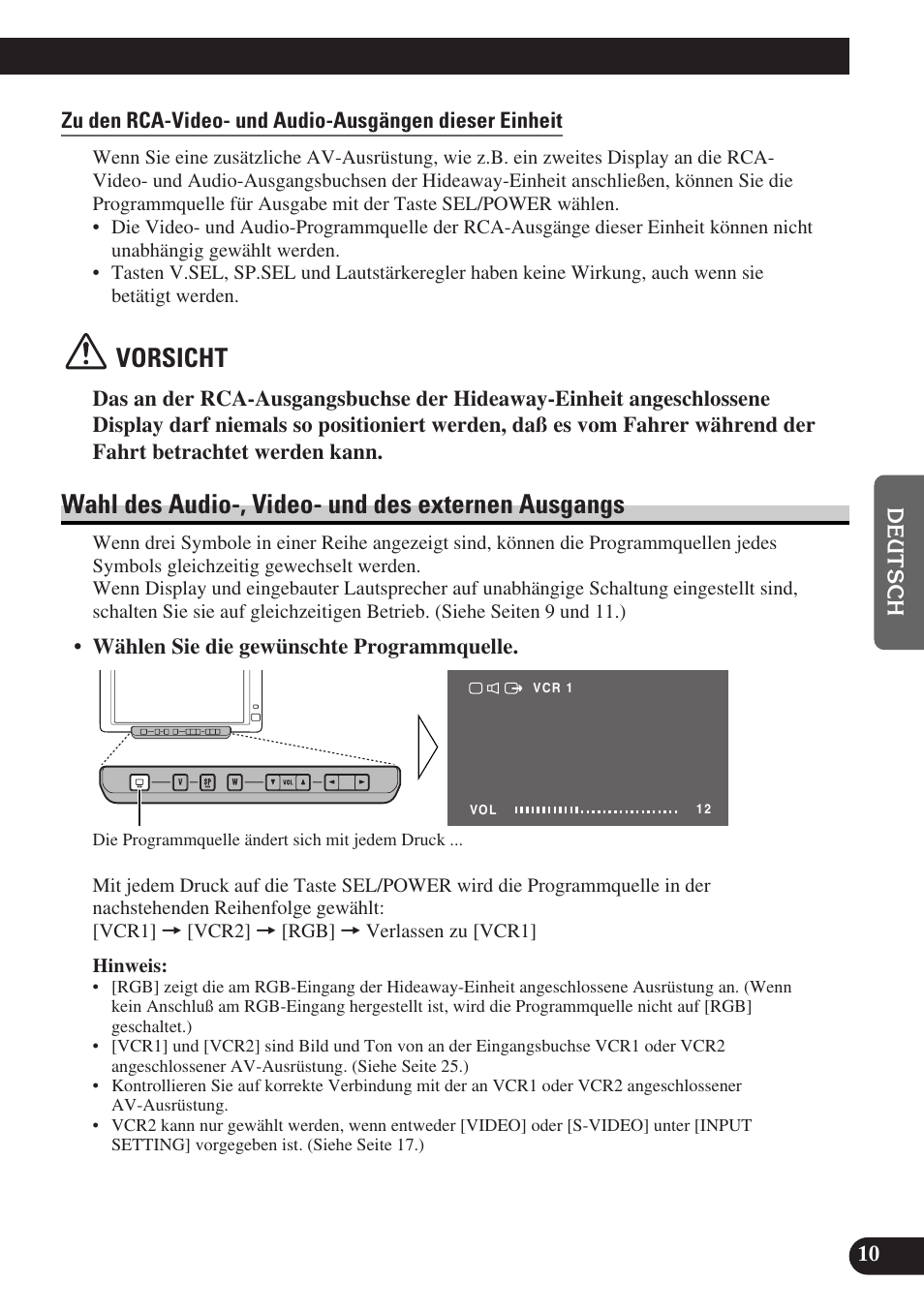 Wahl des audio-, video- und des externen, Ausgangs, Vorsicht | Wahl des audio-, video- und des externen ausgangs | Pioneer AVD-W6000 User Manual | Page 83 / 112