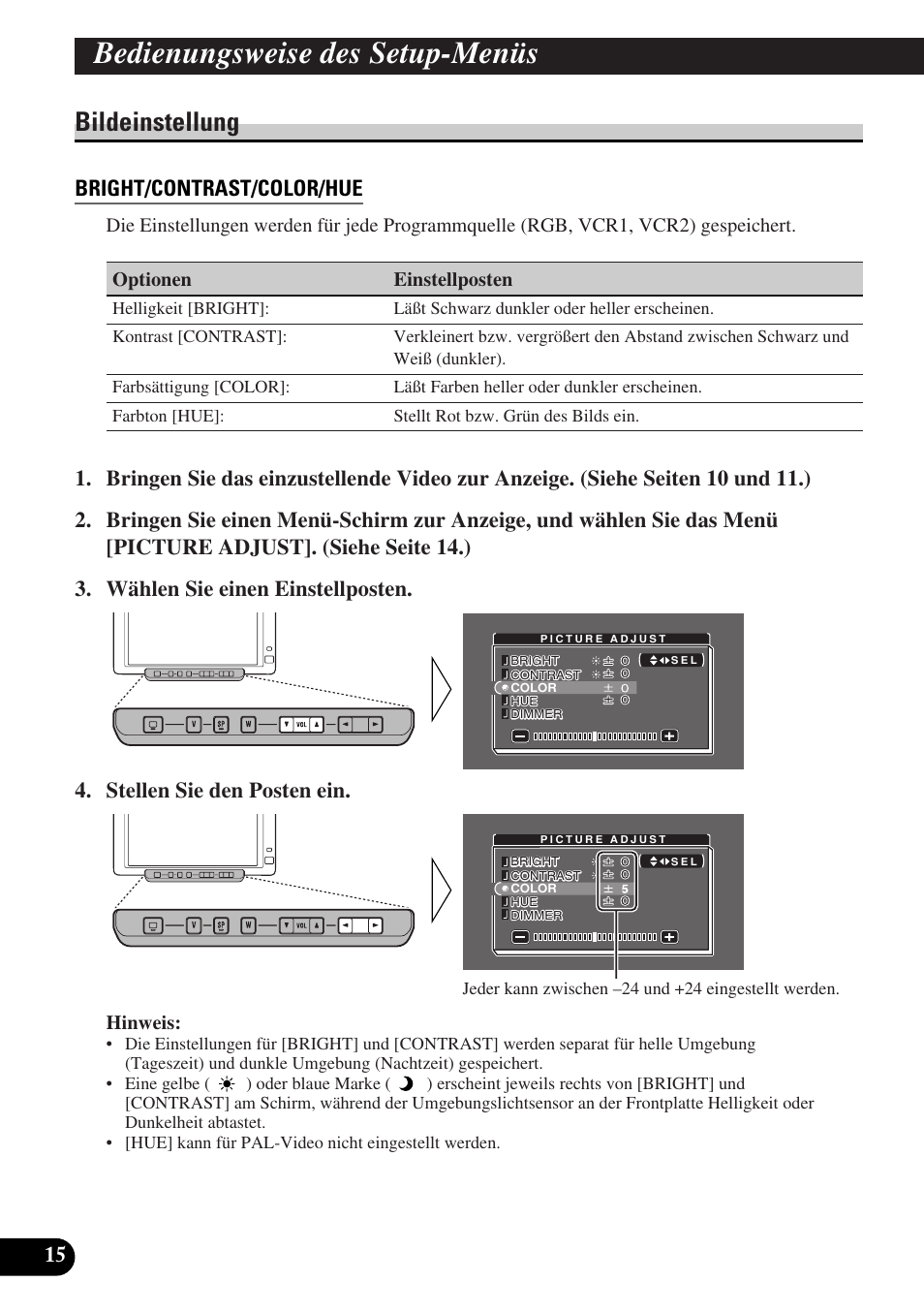 Bildeinstellung, Bright/contrast/color/hue, Bedienungsweise des setup-menüs | Pioneer AVD-W6000 User Manual | Page 88 / 112