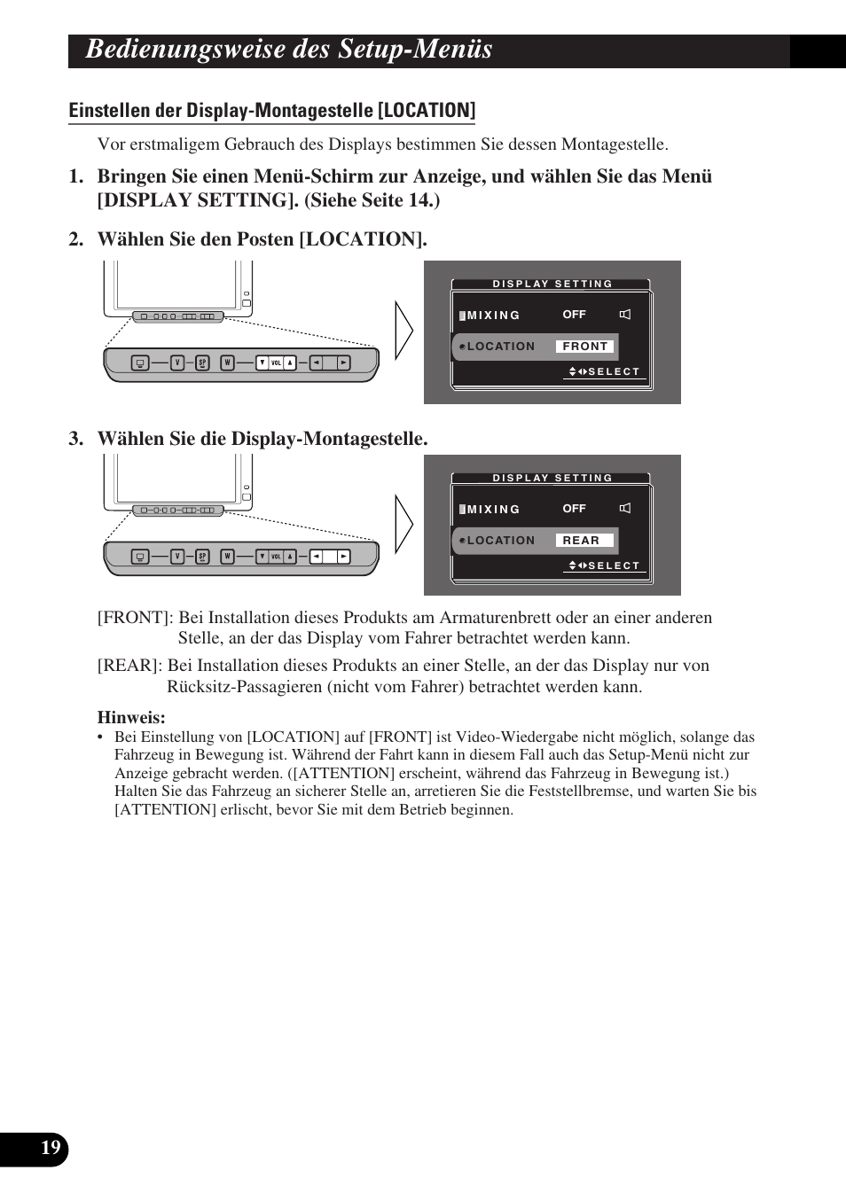 Einstellen der display-montagestelle [location, Bedienungsweise des setup-menüs | Pioneer AVD-W6000 User Manual | Page 92 / 112