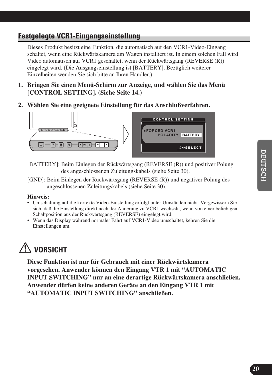 Festgelegte vcr1-eingangseinstellung, Vorsicht | Pioneer AVD-W6000 User Manual | Page 93 / 112