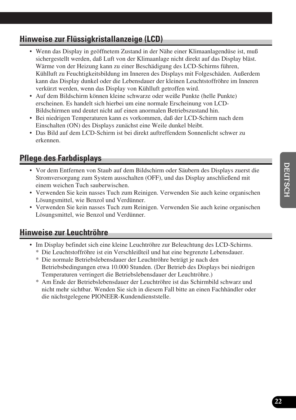 Hinweise zur flüssigkristallanzeige (lcd), Pflege des farbdisplays, Hinweise zur leuchtröhre | Pioneer AVD-W6000 User Manual | Page 95 / 112