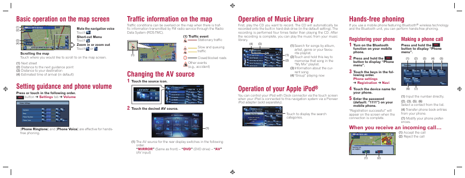 Hands-free phoning, Operation of music library, Operation of your apple ipod | Traffic information on the map, Changing the av source, Basic operation on the map screen, Setting guidance and phone volume, Registering your phone 1, Making a phone call, When you receive an incoming call | Pioneer AVIC-HD3BT User Manual | Page 2 / 2
