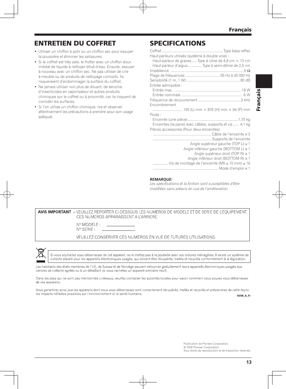 Specifications, Entretien du coffret, Français | Pioneer PDP-S64 User Manual | Page 13 / 50