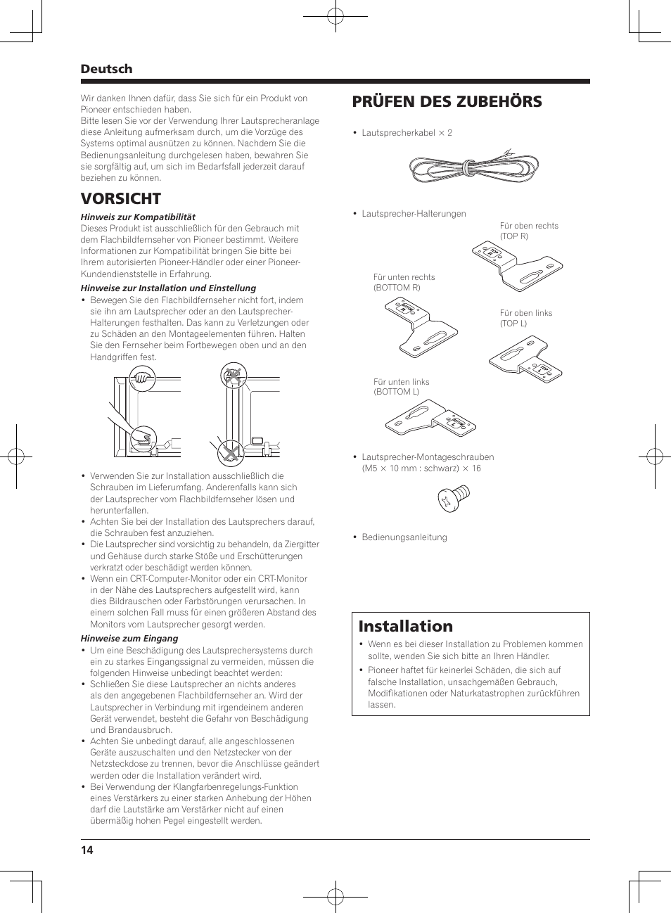 Vorsicht, Prüfen des zubehörs, Installation | Deutsch | Pioneer PDP-S64 User Manual | Page 14 / 50