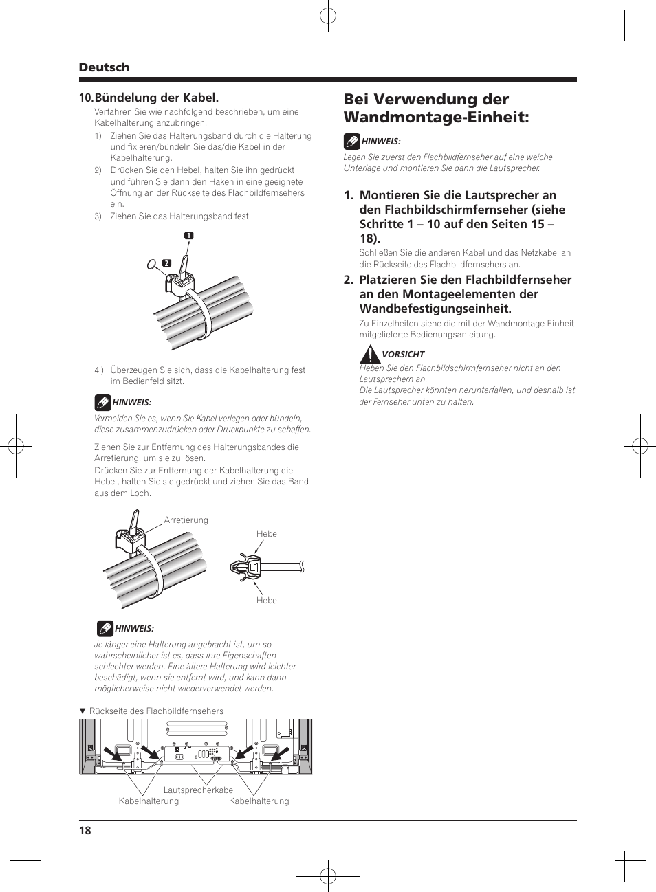 Bei verwendung der wandmontage-einheit, Deutsch, Bündelung der kabel | Pioneer PDP-S64 User Manual | Page 18 / 50