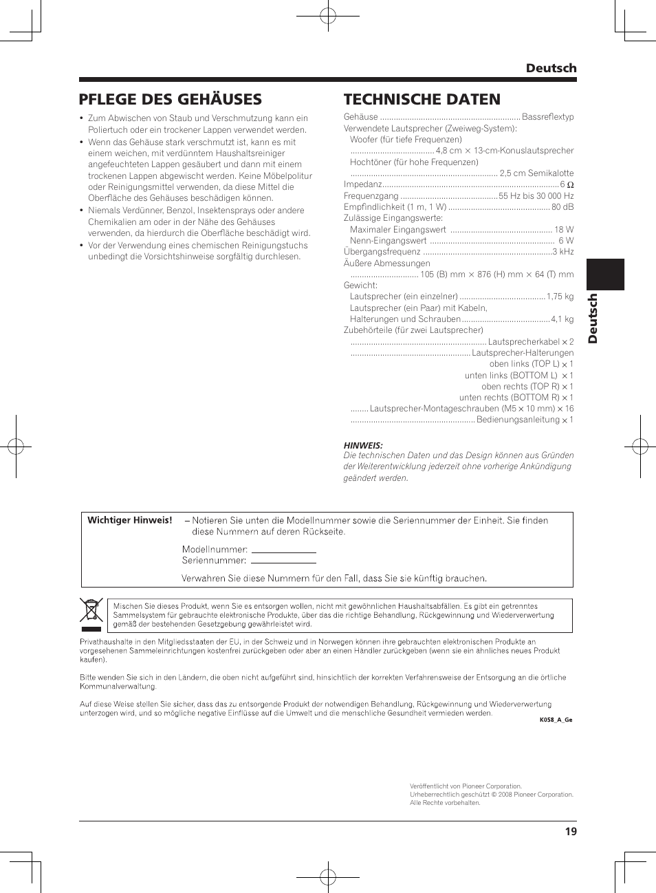 Technische daten, Pflege des gehäuses, Deutsch | Pioneer PDP-S64 User Manual | Page 19 / 50