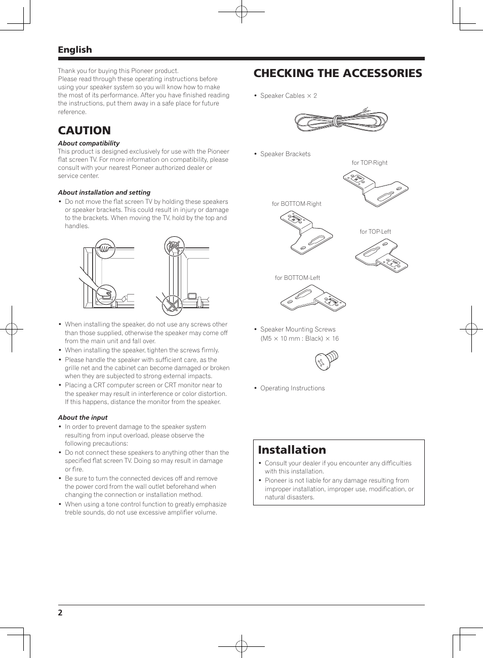 Caution, Checking the accessories, Installation | English | Pioneer PDP-S64 User Manual | Page 2 / 50