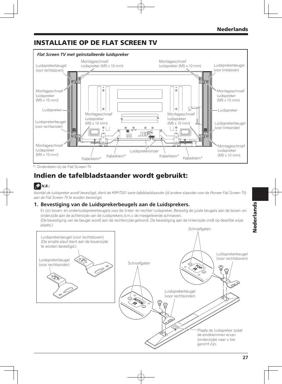 Installatie op de flat screen tv, Indien de tafelbladstaander wordt gebruikt, Nederlands | Pioneer PDP-S64 User Manual | Page 27 / 50