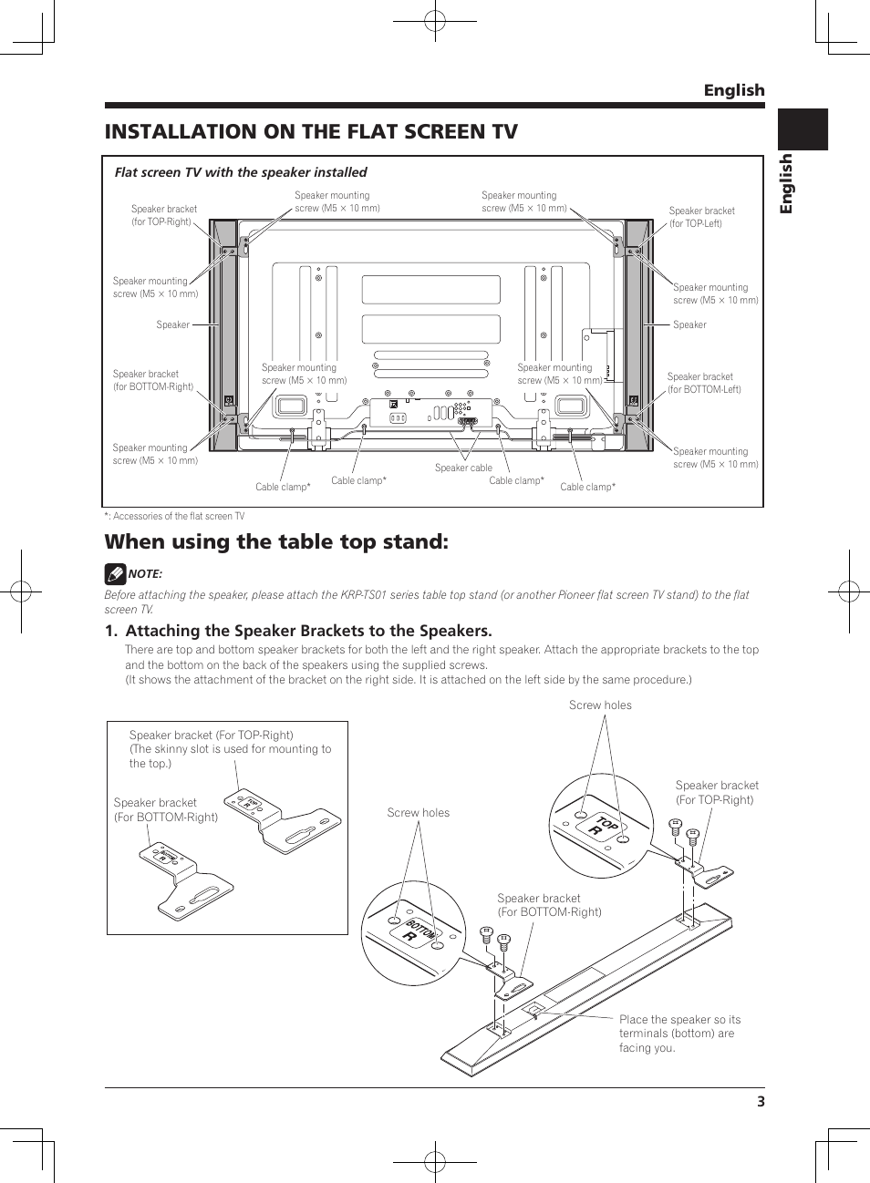 Installation on the flat screen tv, When using the table top stand, English | Attaching the speaker brackets to the speakers | Pioneer PDP-S64 User Manual | Page 3 / 50