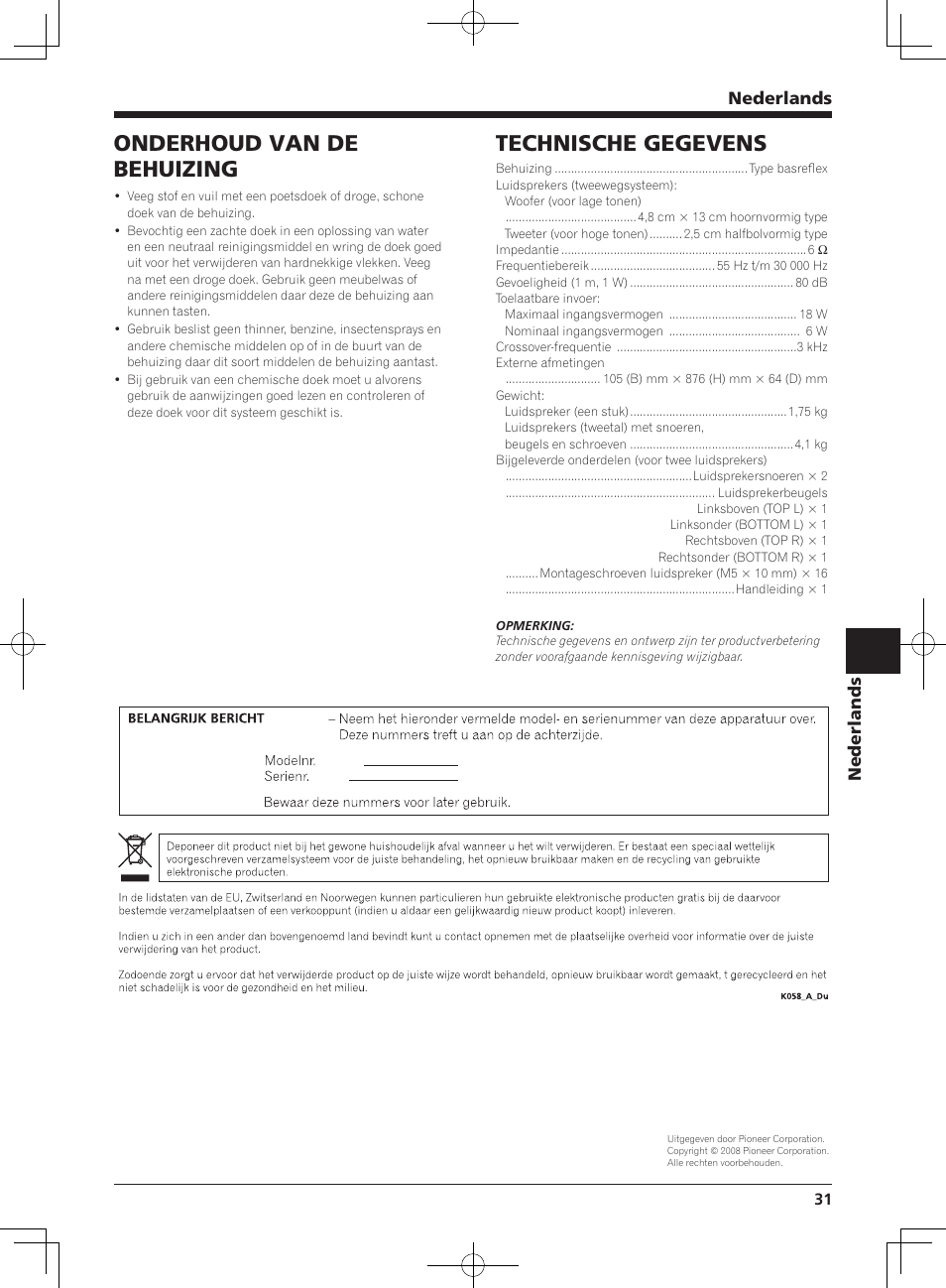 Technische gegevens, Onderhoud van de behuizing, Nederlands | Pioneer PDP-S64 User Manual | Page 31 / 50