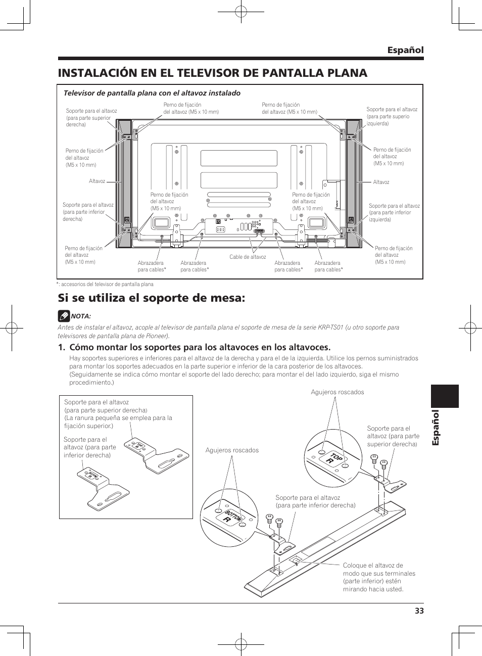 Instalación en el televisor de pantalla plana, Si se utiliza el soporte de mesa, Español | Pioneer PDP-S64 User Manual | Page 33 / 50