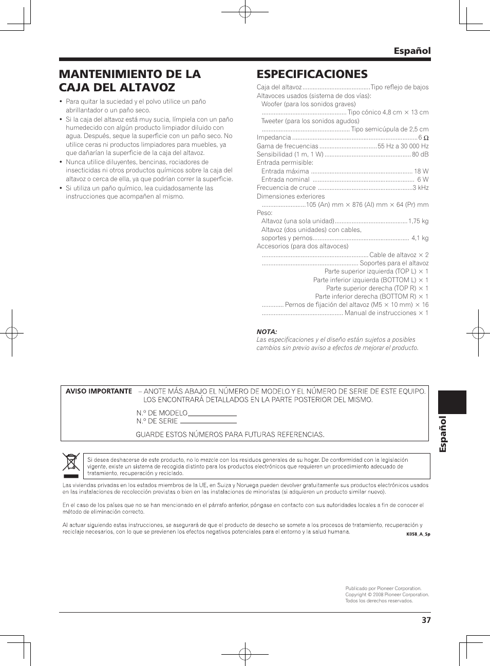 Especificaciones, Mantenimiento de la caja del altavoz, Español | Pioneer PDP-S64 User Manual | Page 37 / 50