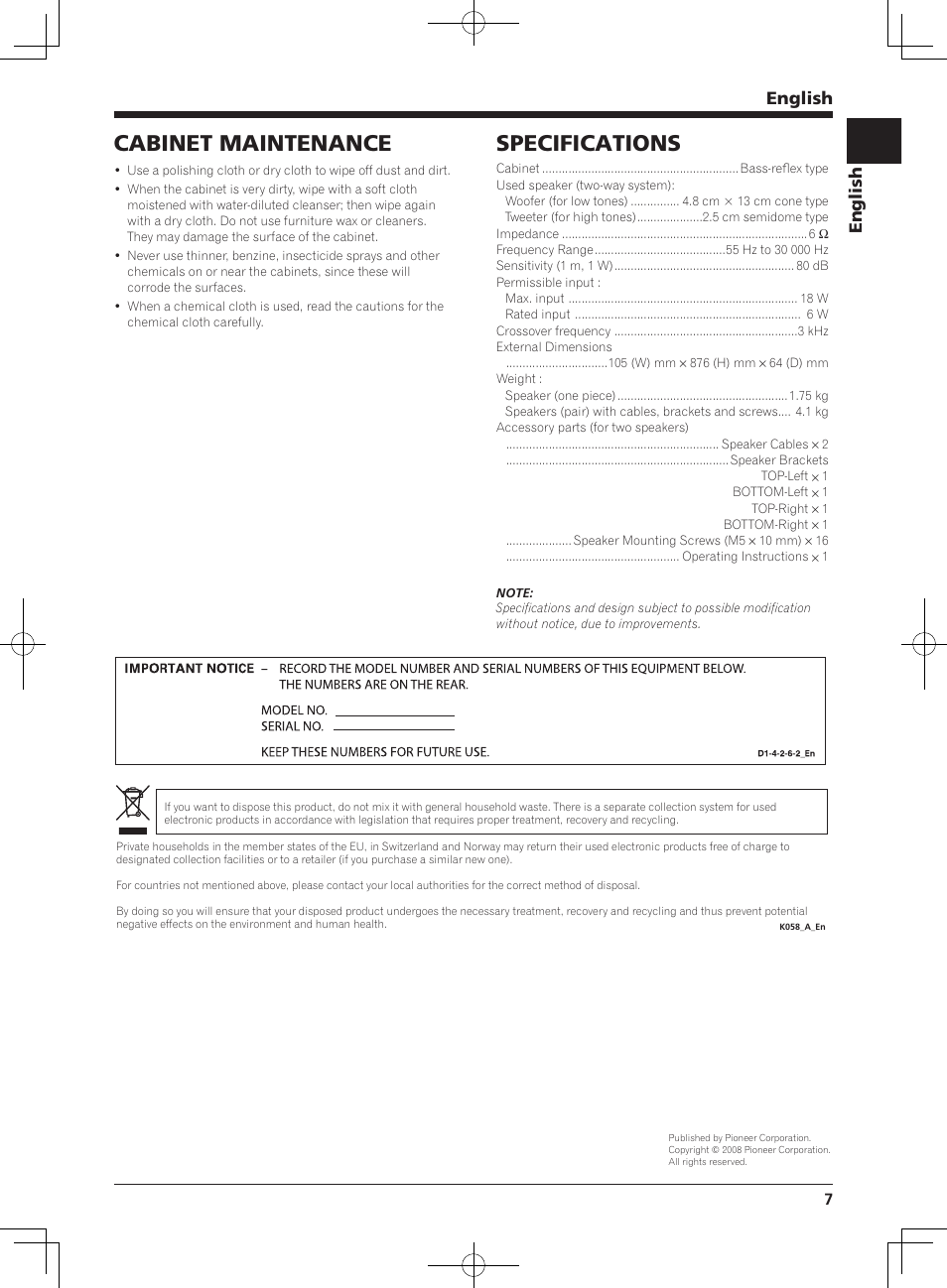 Specifications, Cabinet maintenance, English | Pioneer PDP-S64 User Manual | Page 7 / 50