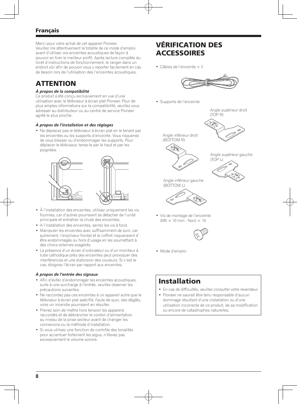 Attention, Vérification des accessoires, Installation | Français | Pioneer PDP-S64 User Manual | Page 8 / 50
