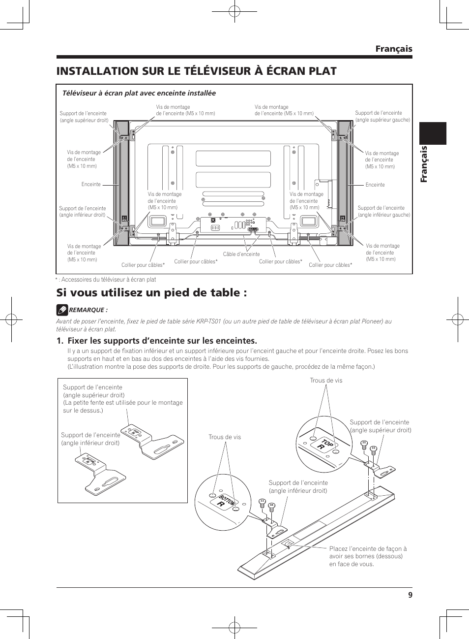 Installation sur le téléviseur à écran plat, Si vous utilisez un pied de table, Français | Fixer les supports d’enceinte sur les enceintes | Pioneer PDP-S64 User Manual | Page 9 / 50