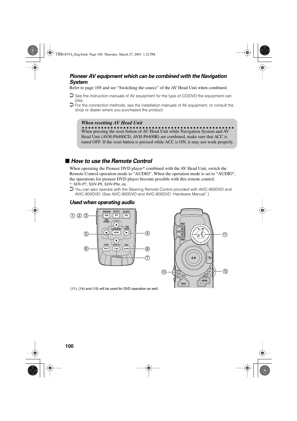 How to use the remote control, Used when operating audio, When resetting av head unit | Pioneer AVIC700D User Manual | Page 101 / 190