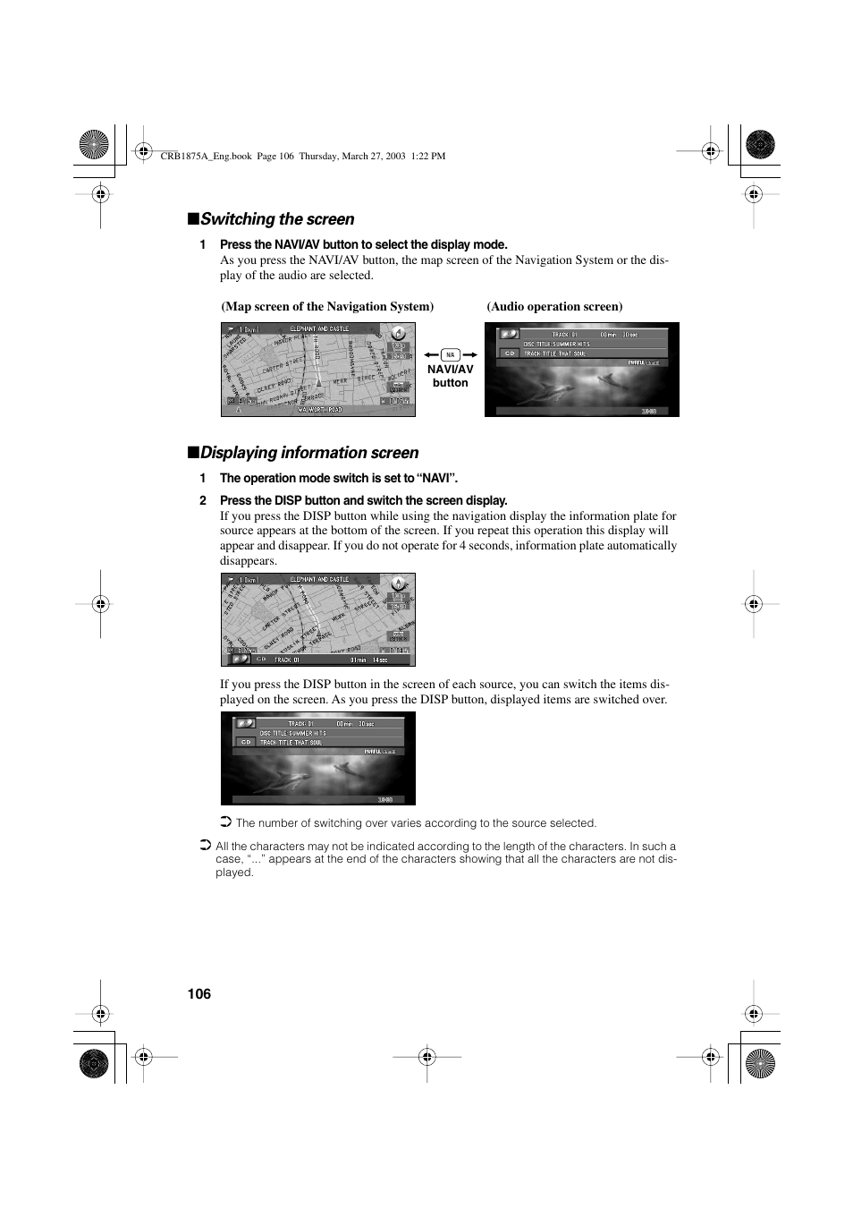 Switching the screen, Displaying information screen | Pioneer AVIC700D User Manual | Page 107 / 190