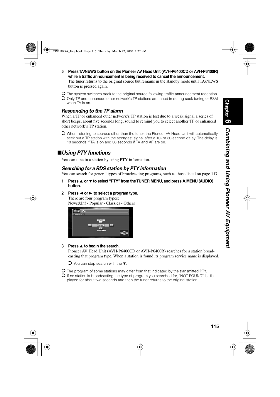 Combining and using pioneer a v equipment, Using pty functions | Pioneer AVIC700D User Manual | Page 116 / 190