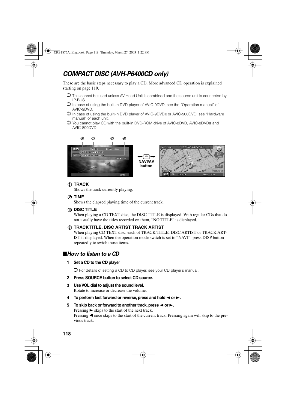 Compact disc (avh-p6400cd only), How to listen to a cd | Pioneer AVIC700D User Manual | Page 119 / 190