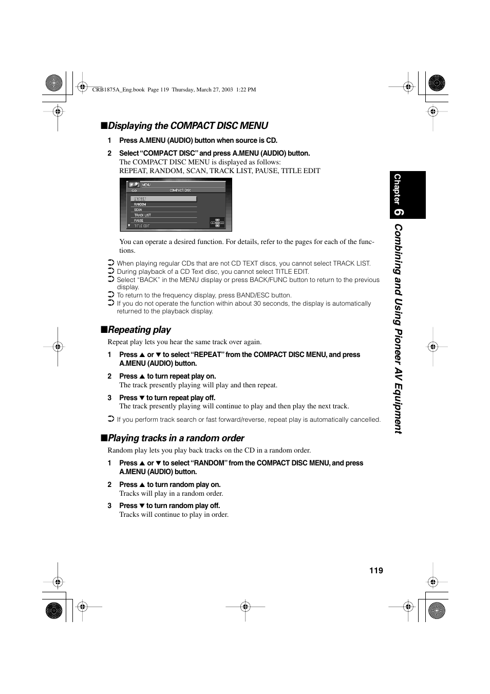 Repeating play, Playing tracks in a random order | Pioneer AVIC700D User Manual | Page 120 / 190