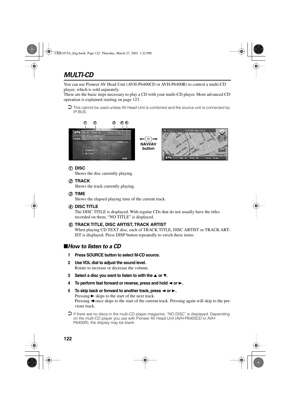 Multi-cd, How to listen to a cd | Pioneer AVIC700D User Manual | Page 123 / 190