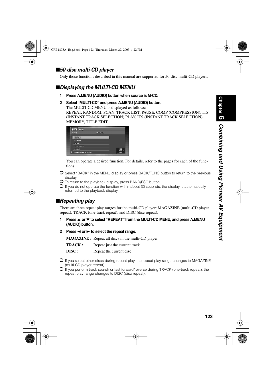 Displaying the multi-cd menu, Repeating play | Pioneer AVIC700D User Manual | Page 124 / 190