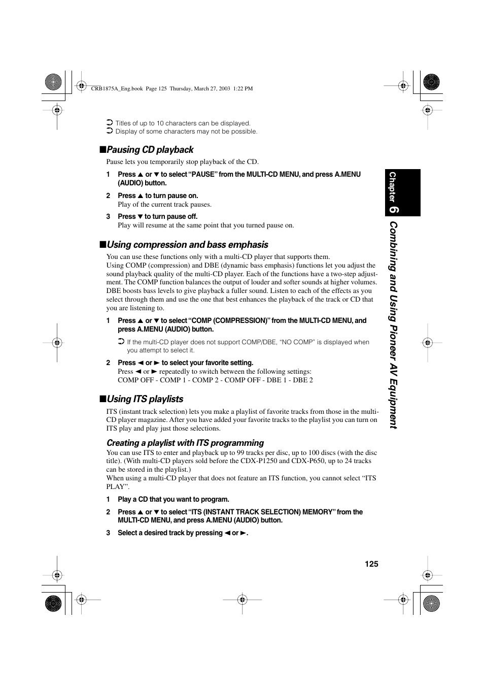 Combining and using pioneer a v equipment, Pausing cd playback, Using compression and bass emphasis | Using its playlists | Pioneer AVIC700D User Manual | Page 126 / 190