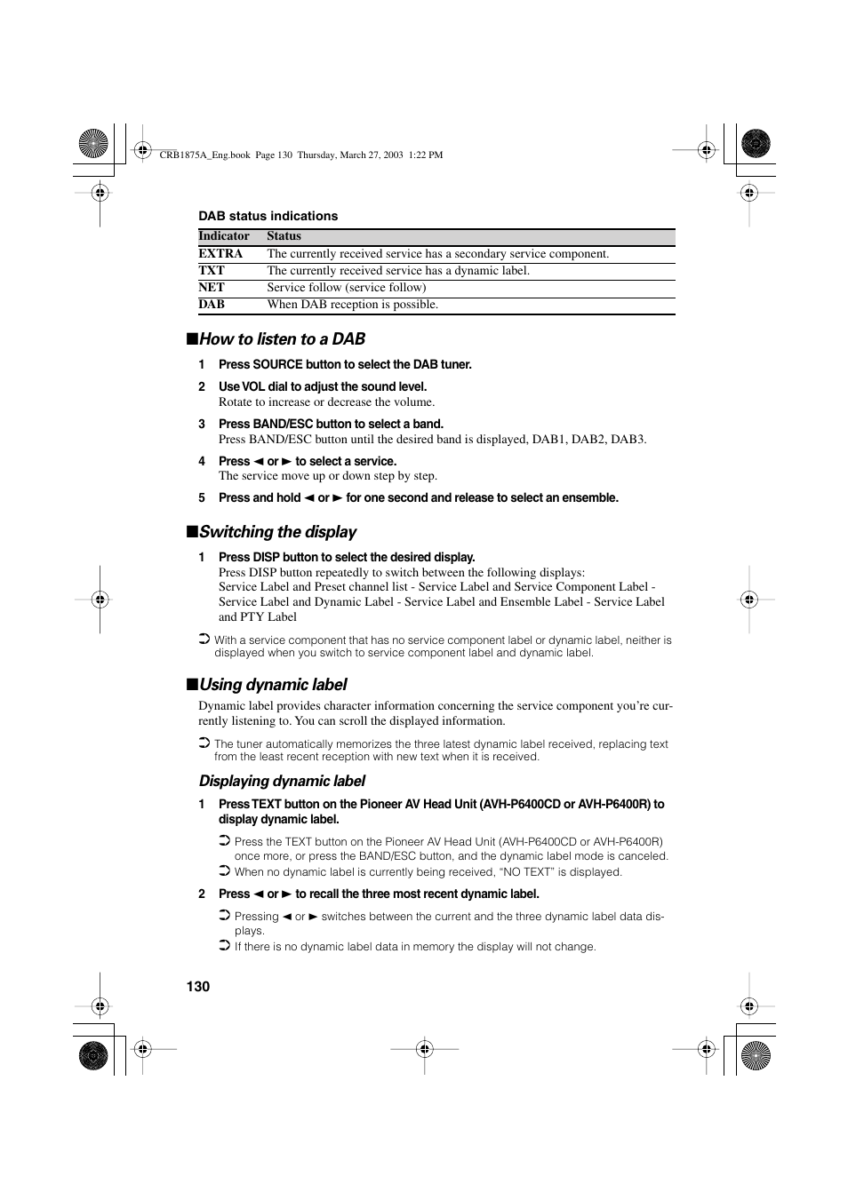 How to listen to a dab, Switching the display, Using dynamic label | Pioneer AVIC700D User Manual | Page 131 / 190