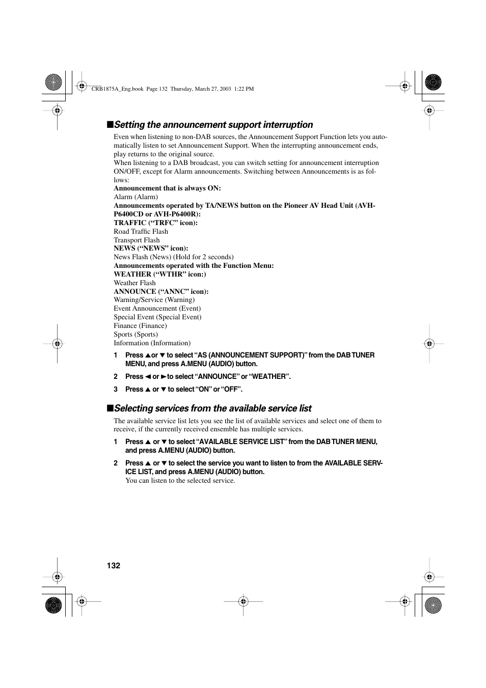 Setting the announcement support interruption, Selecting services from the available service list | Pioneer AVIC700D User Manual | Page 133 / 190