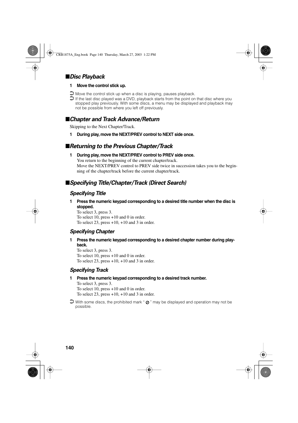 Disc playback, Chapter and track advance/return, Returning to the previous chapter/track | Specifying title/chapter/track (direct search) | Pioneer AVIC700D User Manual | Page 141 / 190