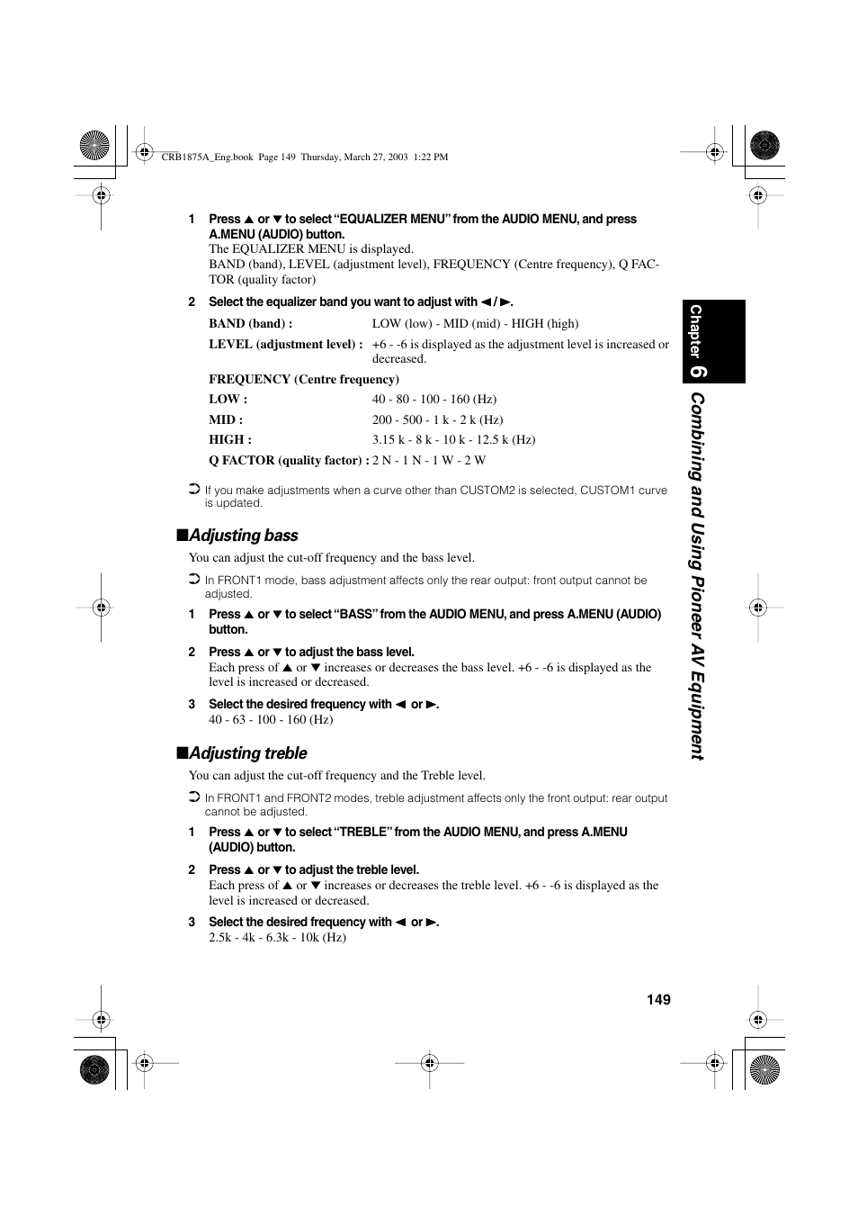 Combining and using pioneer a v equipment, Adjusting bass, Adjusting treble | Pioneer AVIC700D User Manual | Page 150 / 190