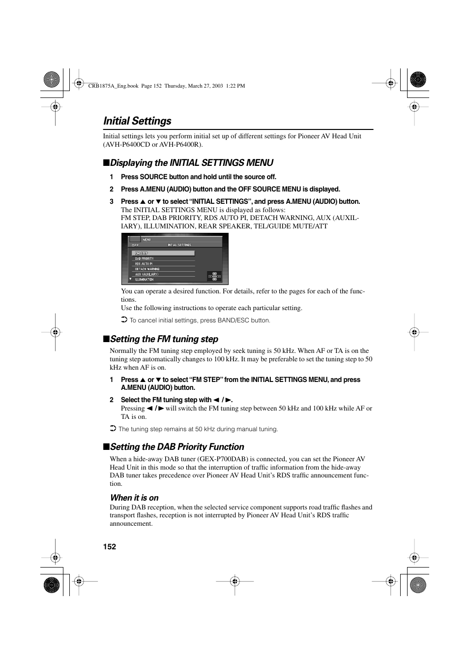 Initial settings, Displaying the initial settings menu, Setting the fm tuning step | Setting the dab priority function | Pioneer AVIC700D User Manual | Page 153 / 190