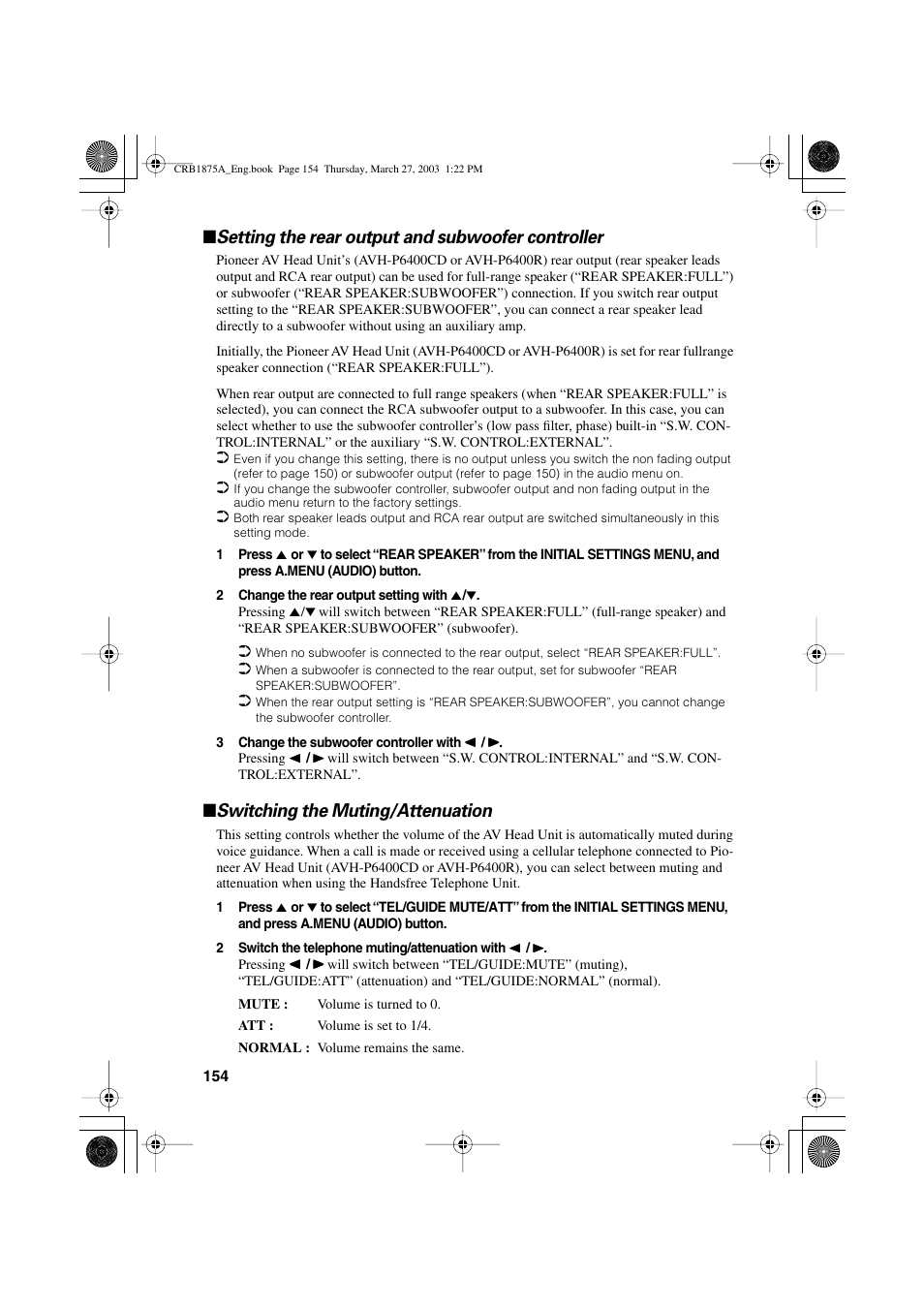 Setting the rear output and subwoofer controller, Switching the muting/attenuation | Pioneer AVIC700D User Manual | Page 155 / 190