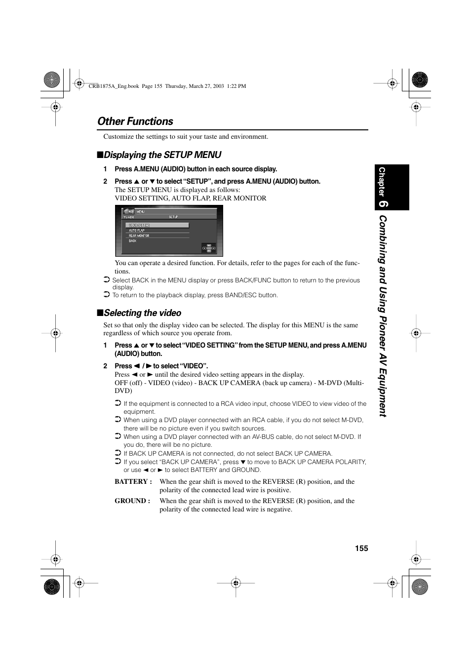 Other functions, Combining and using pioneer a v equipment, Displaying the setup menu | Selecting the video | Pioneer AVIC700D User Manual | Page 156 / 190