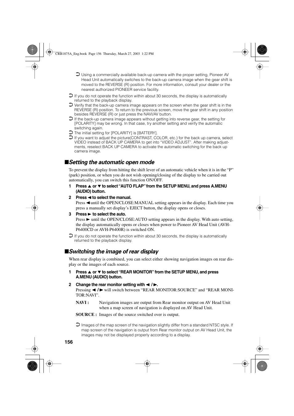 Setting the automatic open mode, Switching the image of rear display | Pioneer AVIC700D User Manual | Page 157 / 190