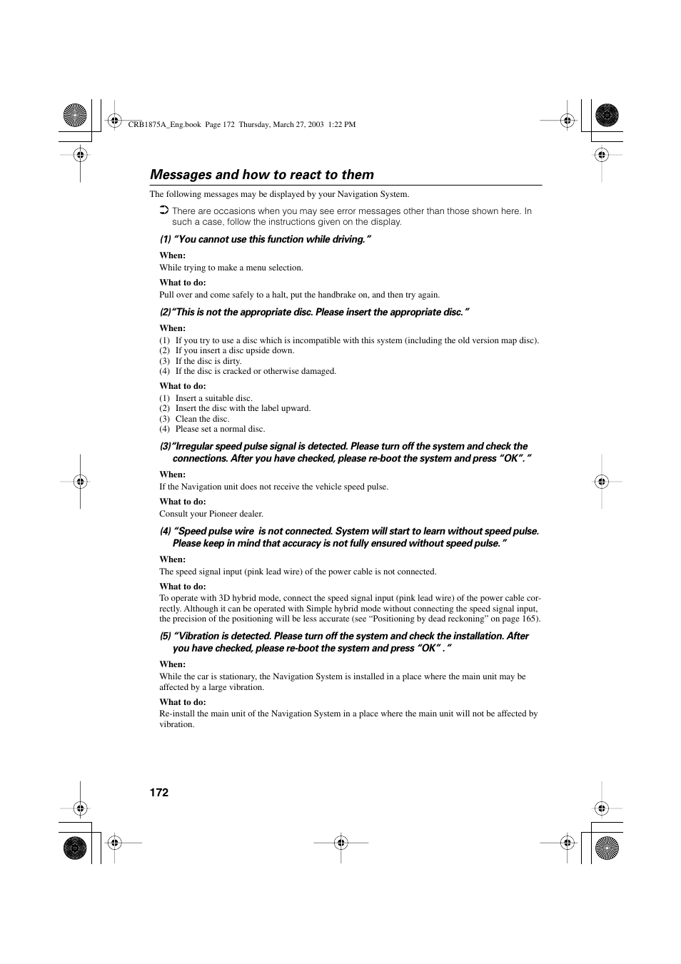 Messages and how to react to them | Pioneer AVIC700D User Manual | Page 173 / 190