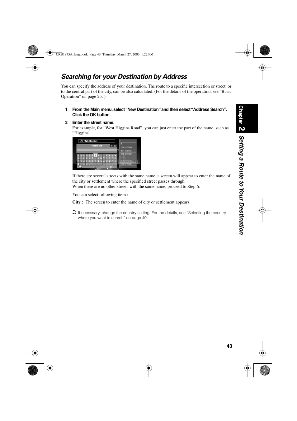 Searching for your destination by address | Pioneer AVIC700D User Manual | Page 44 / 190