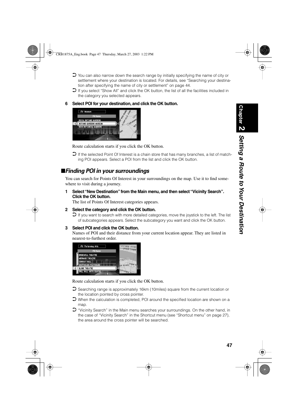 Setting a route to y our destination, Finding poi in your surroundings | Pioneer AVIC700D User Manual | Page 48 / 190